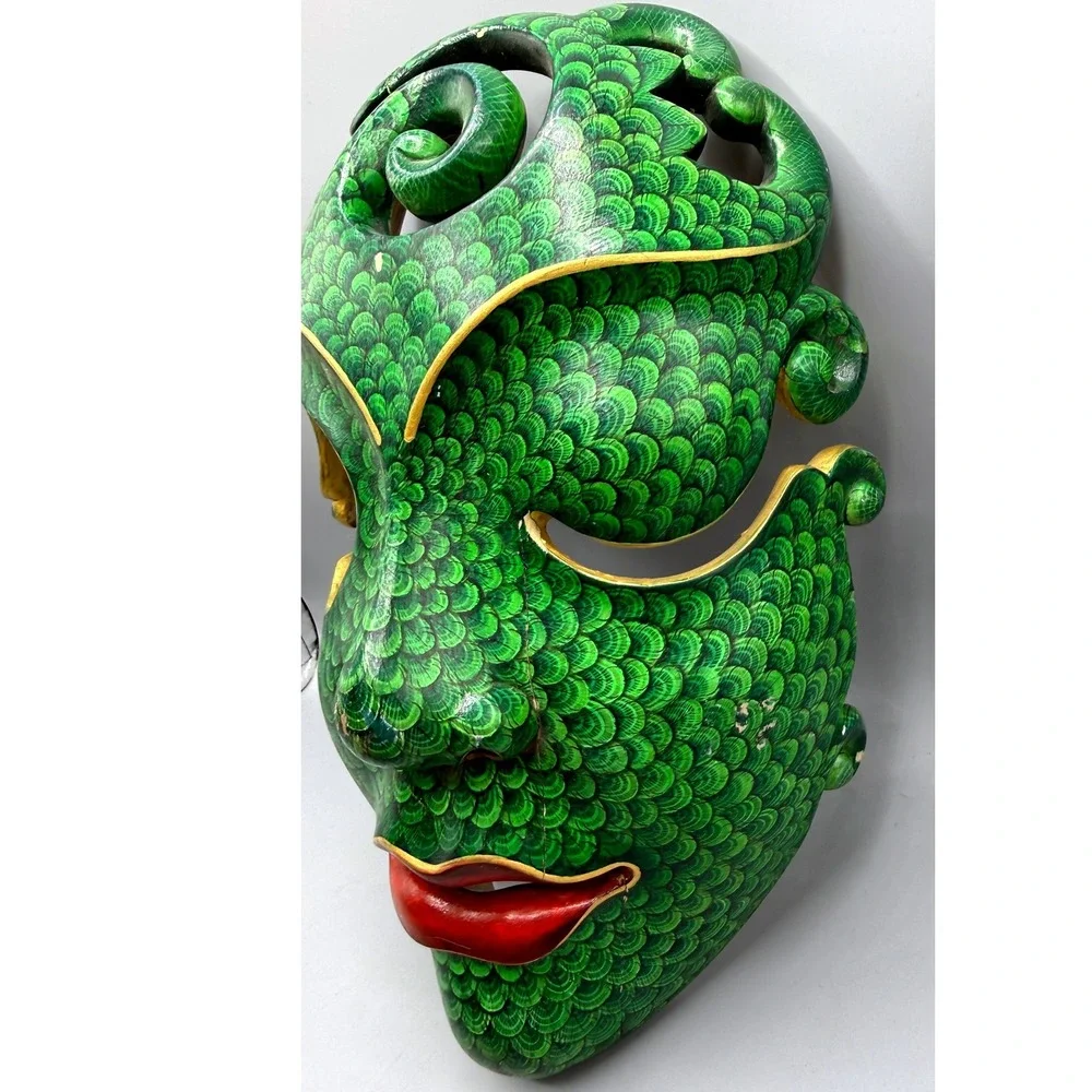 Balinese Batik Wood Mask Green Scale Hand Painted Bali Indonesia Folk Art 11.5in